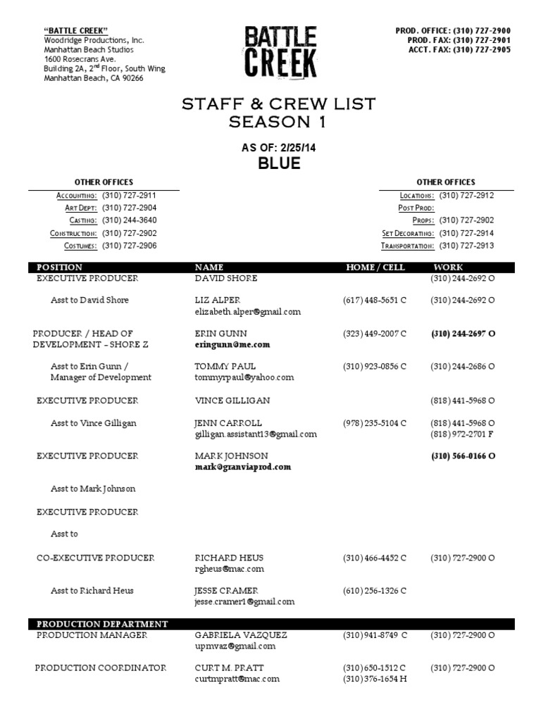 Staff & Crew List Season 1: AS OF: 2/25/14 | PDF | Cbs | Filmmaking