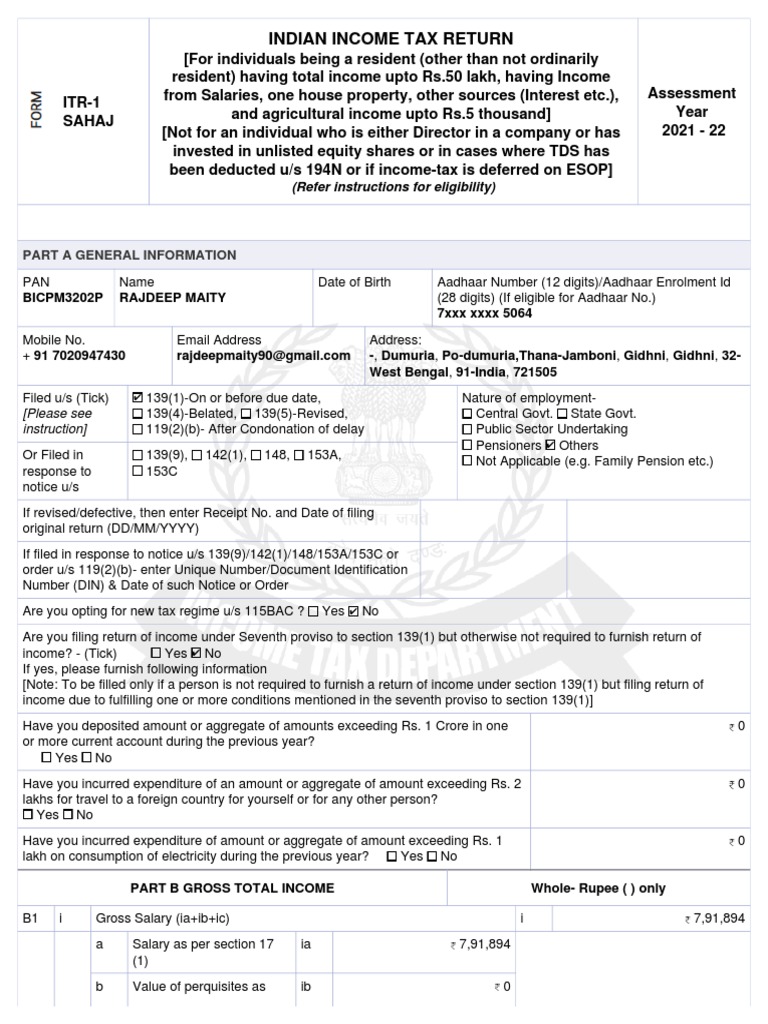 ITR-1 Salary Income Tax Return Guide | PDF | Tax Deduction | Pension