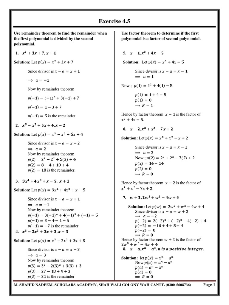 Remainder and Factor Theorem Exercises | PDF | Factorization ...