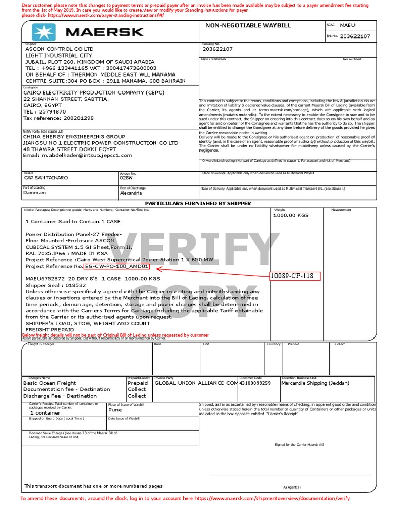 Verify Copy NonNegotiable Waybill Download Free PDF Bill Of