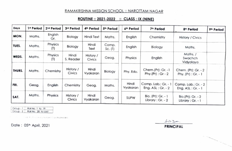 Ramakrishna Missionschool: Narqitam Nagar ROUTINE:2021-2022: CLASS:IX ...