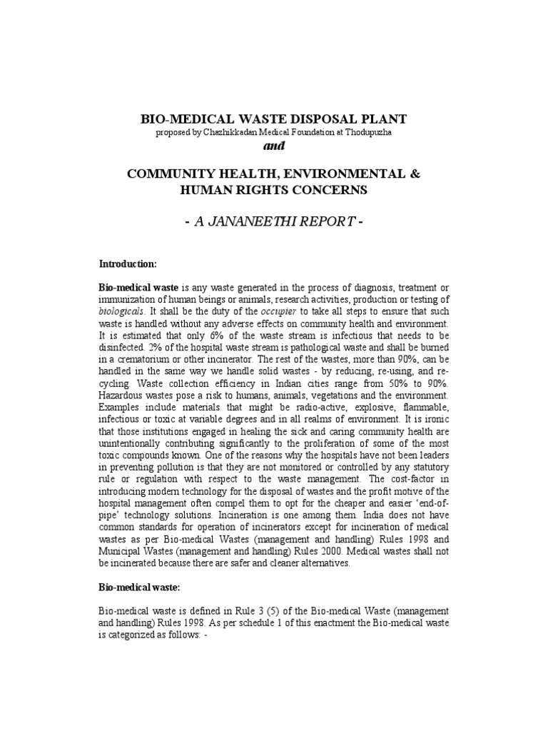 BioMedical Waste Disposal Plant and Community Health, Environmental
