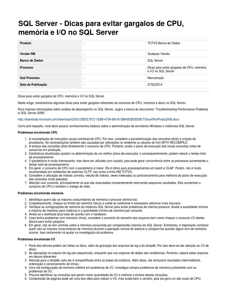 SQL Server dicas CPU memória I/O | PDF | Microsoft SQL Server ...