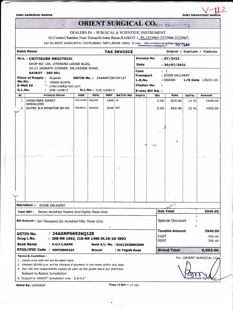 Door Delivery of Medical Equipment An Invoice for the Sale of HandyNeb Smart Nebulizers and