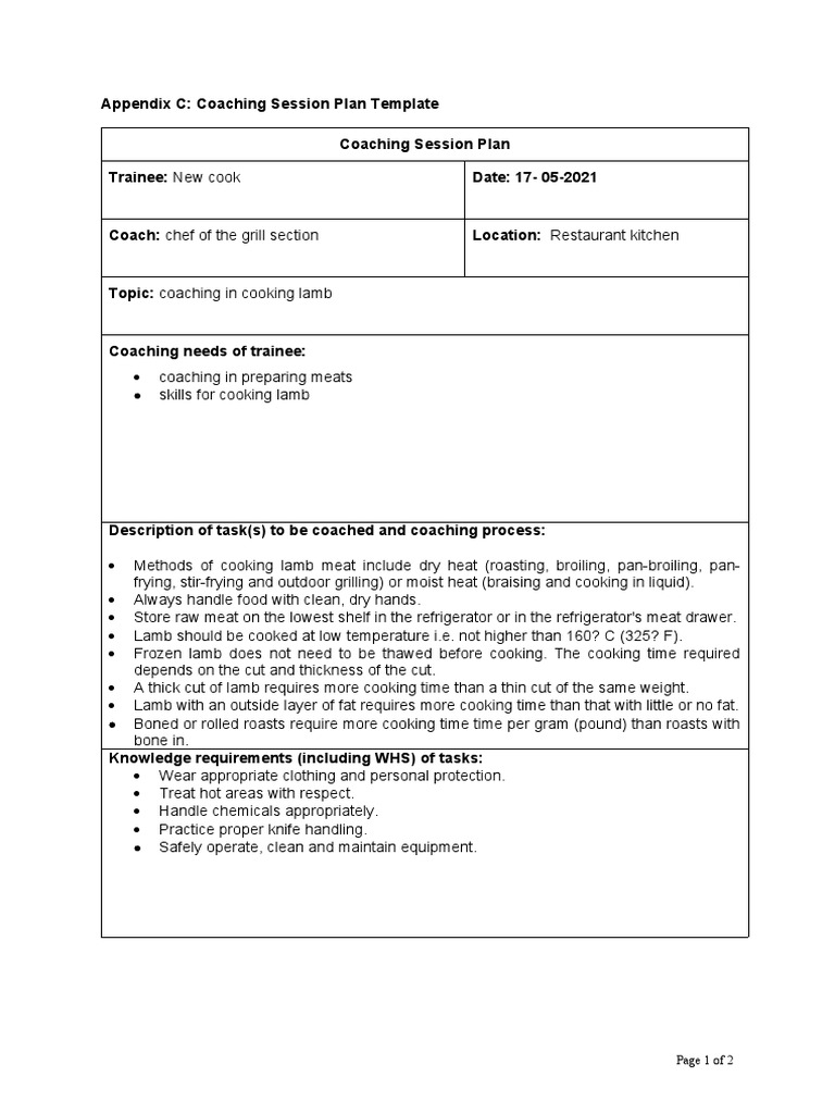 Coaching Session Plan for Cooking Lamb | PDF