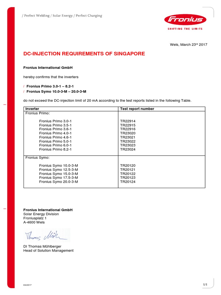 SE CER Certificate Singapore DC Injection EN | PDF