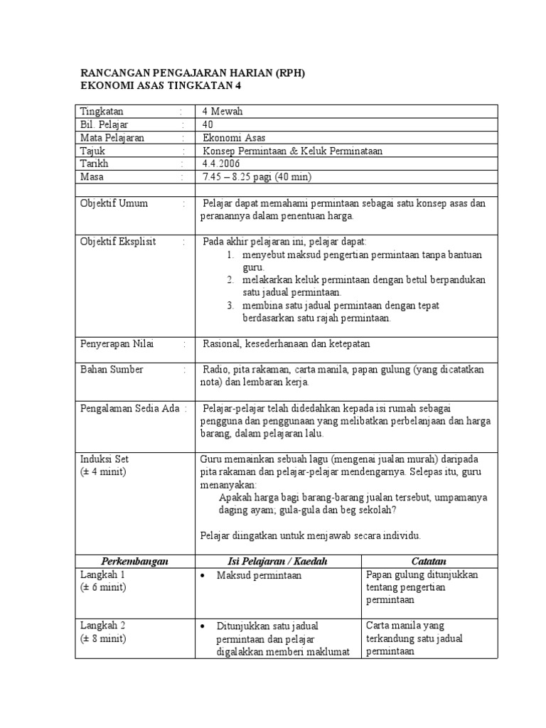 RANCANGAN MENGAJAR EKONOMI TINGKATAN 4