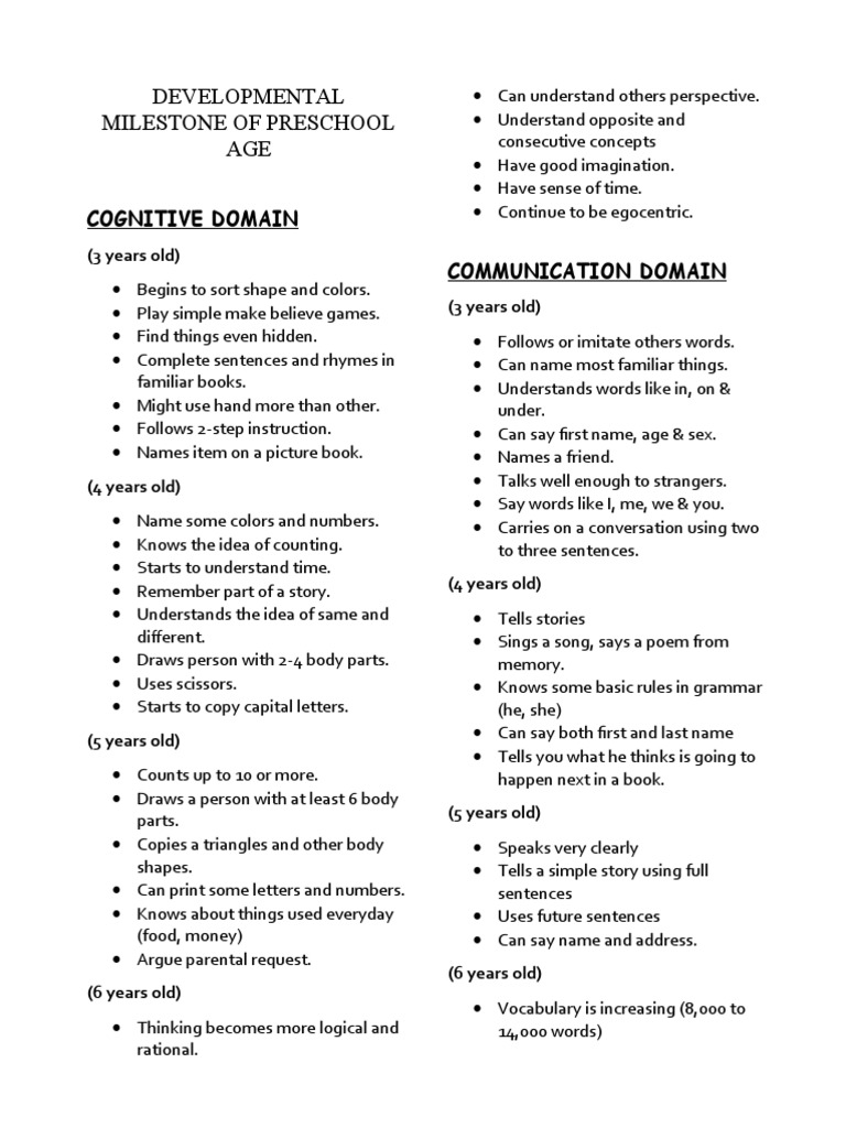 Preschool Developmental Milestones | PDF | Idea | Neuropsychological ...