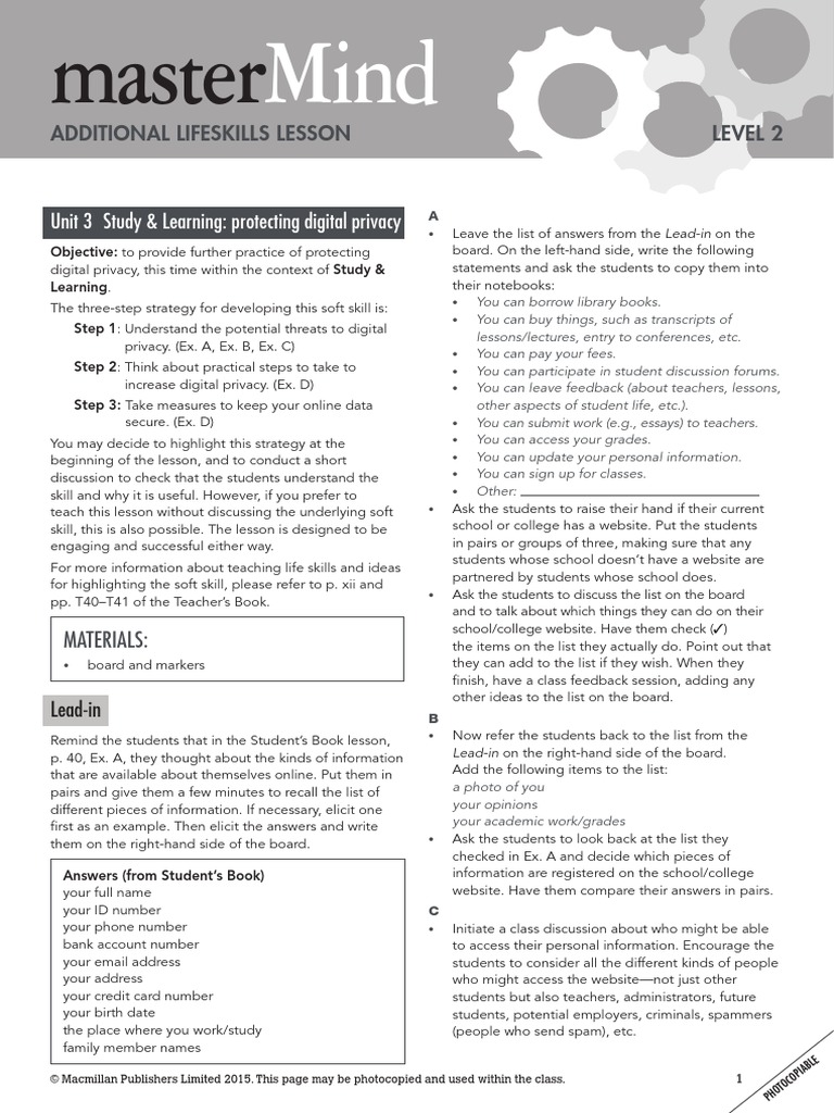 Mastermind 2 Unit 3 Extra Lifeskills Lesson 2 | PDF | Privacy | Email Spam