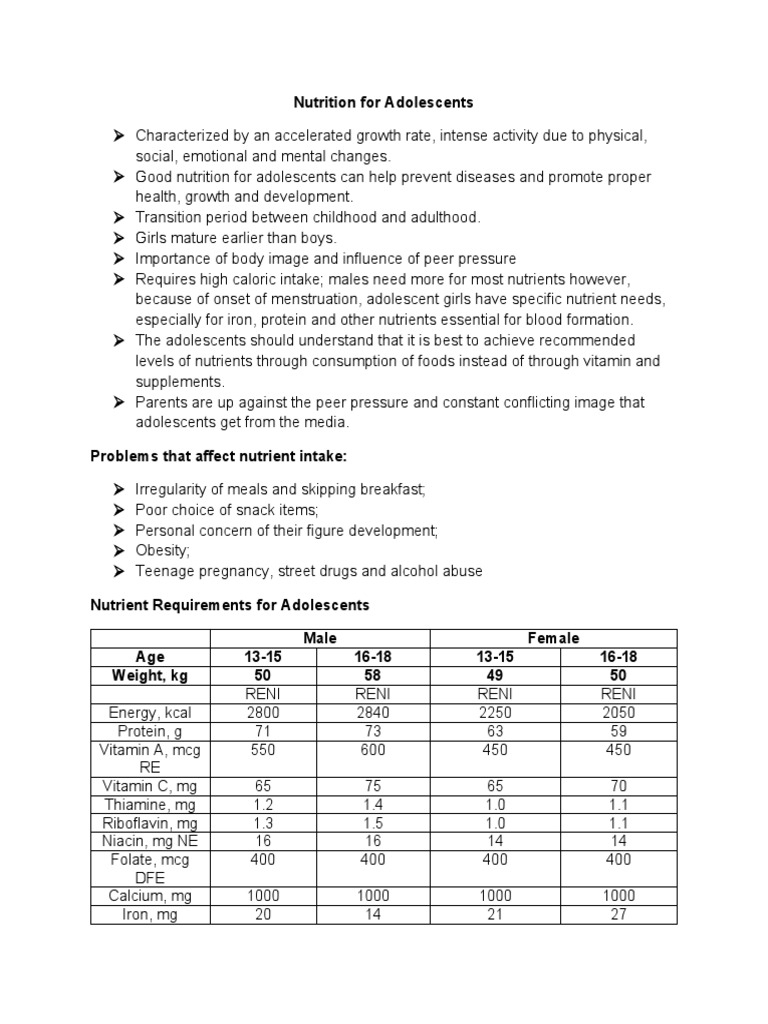 Adolescent Nutrition and Health Needs | PDF | Nutrients | Adolescence