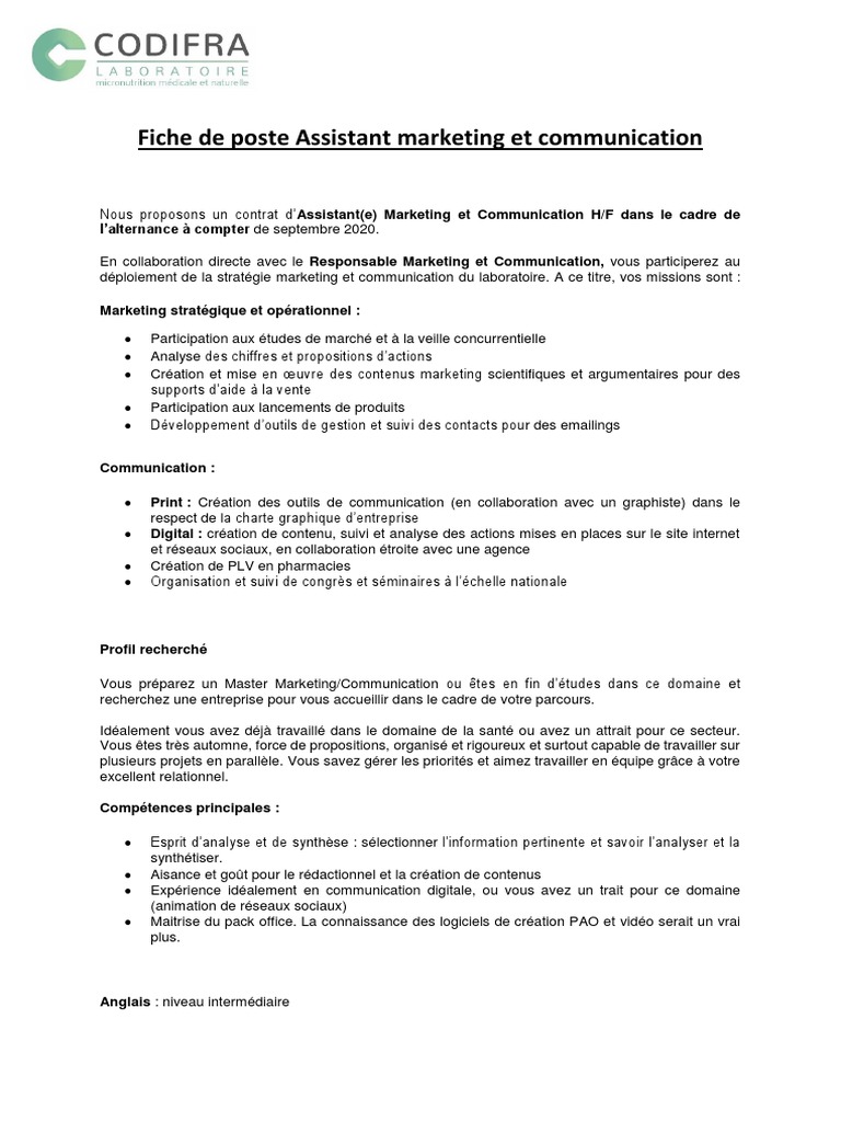Fiche de Poste : Assistant Marketing et Communication | PDF ...