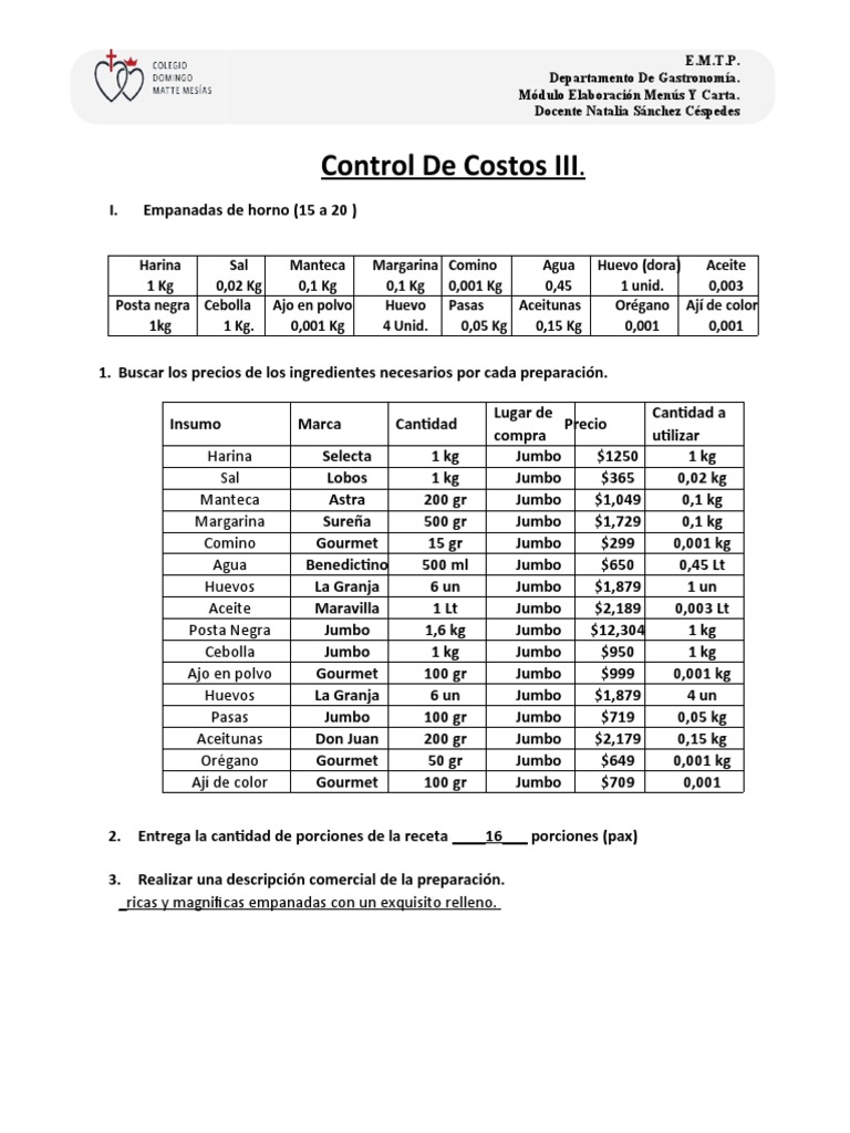 Control de Costos III | PDF | Alimentos | Cocina