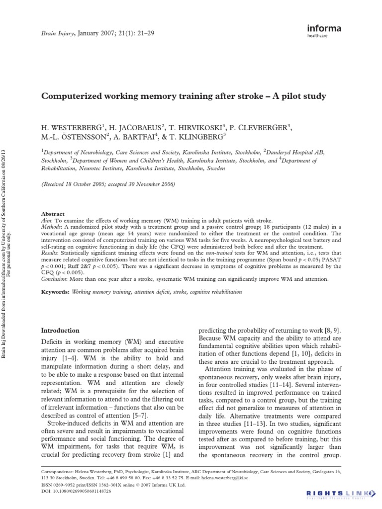 Computerized Working Memory Training After Stroke: A Pilot Study ...