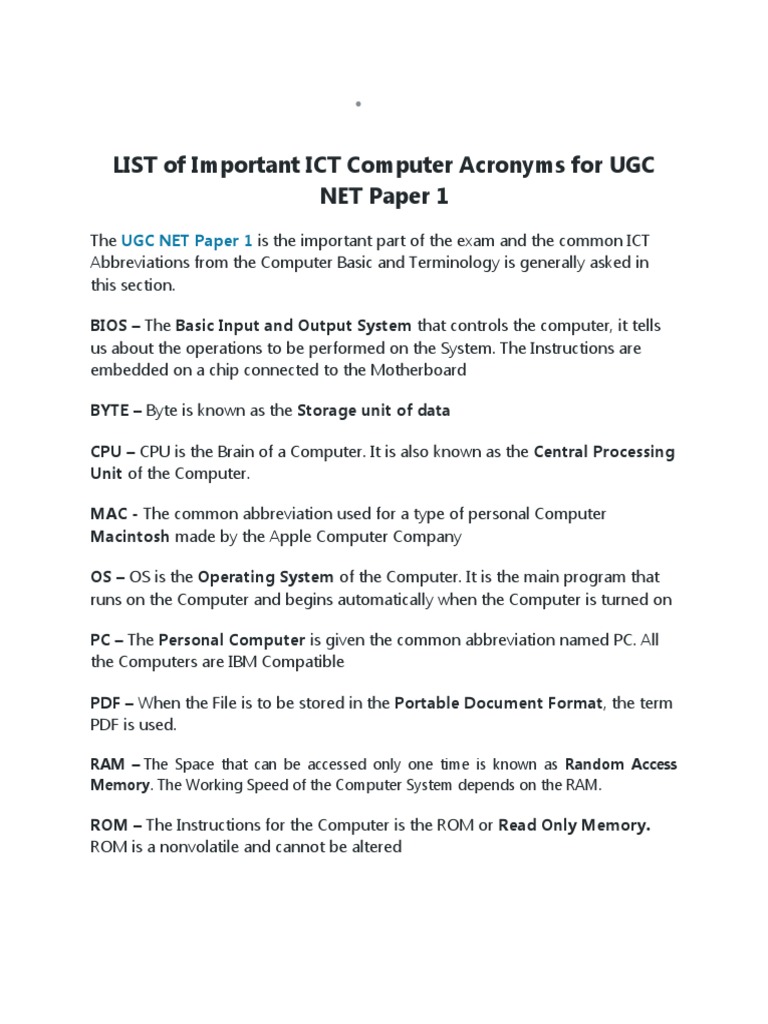 LIST of Important ICT Computer Acronyms For UGC NET Paper 1 PDF