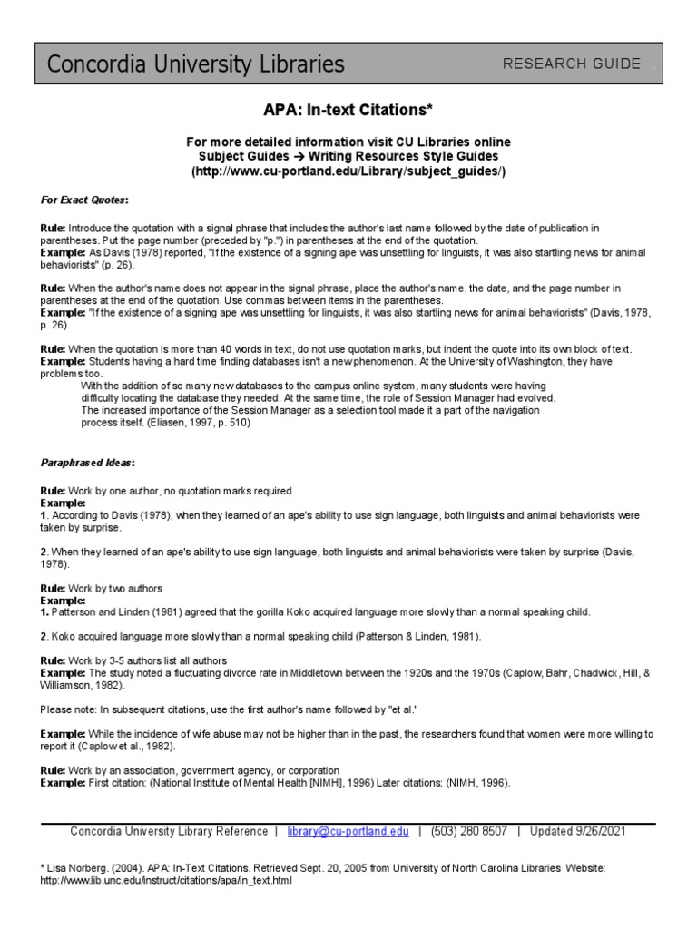 Concordia University Libraries APA InText Citations PDF Bracket