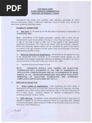 Indian Army SSC RVC Notification Download