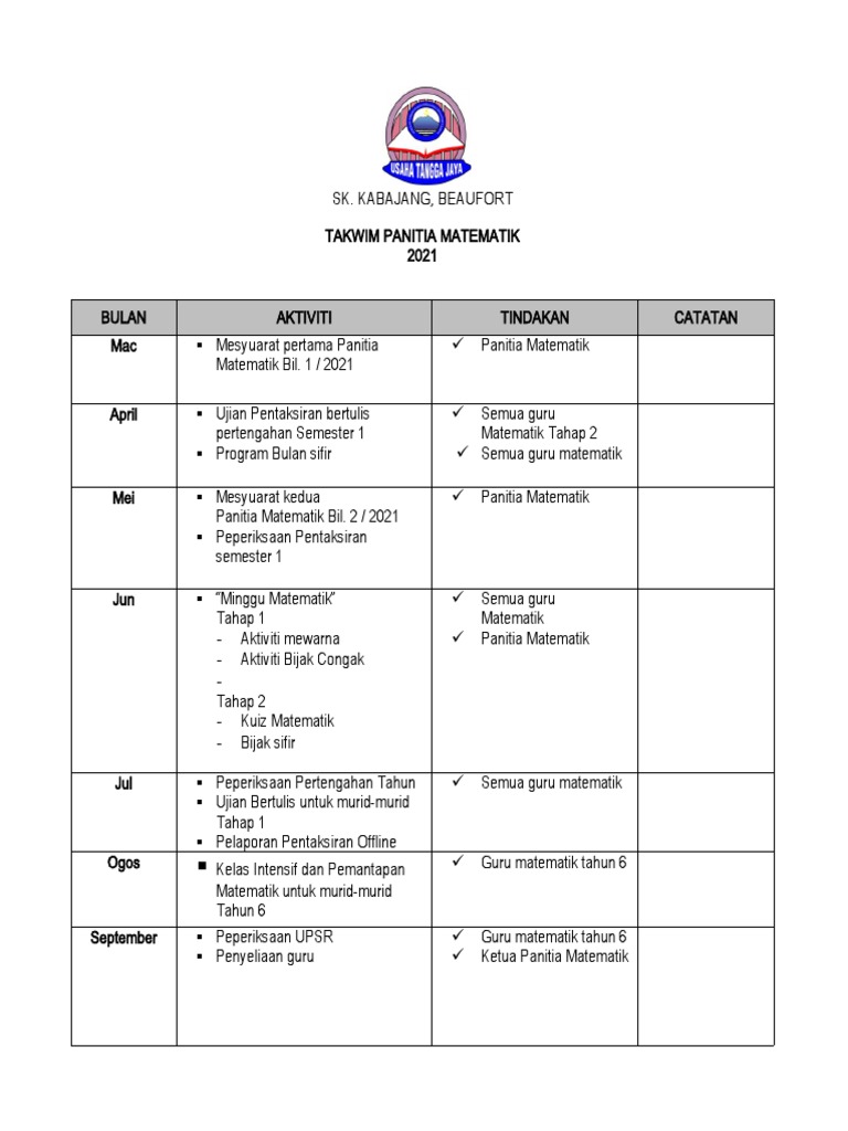 Takwim Panitia Matematik 2021 | PDF