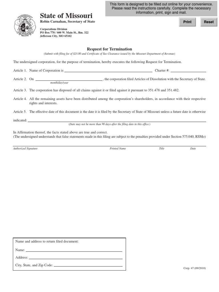 State of Missouri Request For Termination PDF Corporations