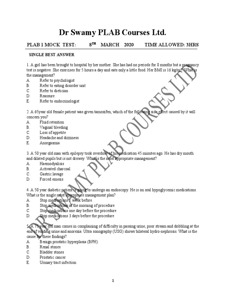 PLAB 1 Mock Test Questions and Answers | PDF | Combined Oral ...