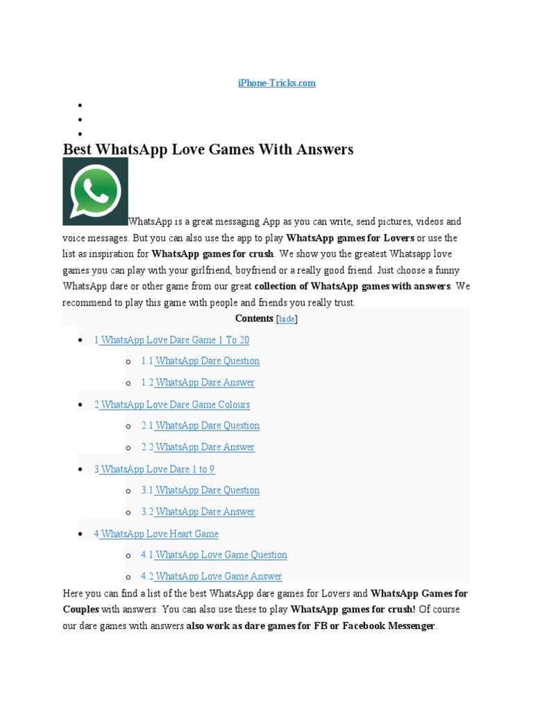 Best Whatsapp Love Games With Answers: O O O O O O O O | PDF