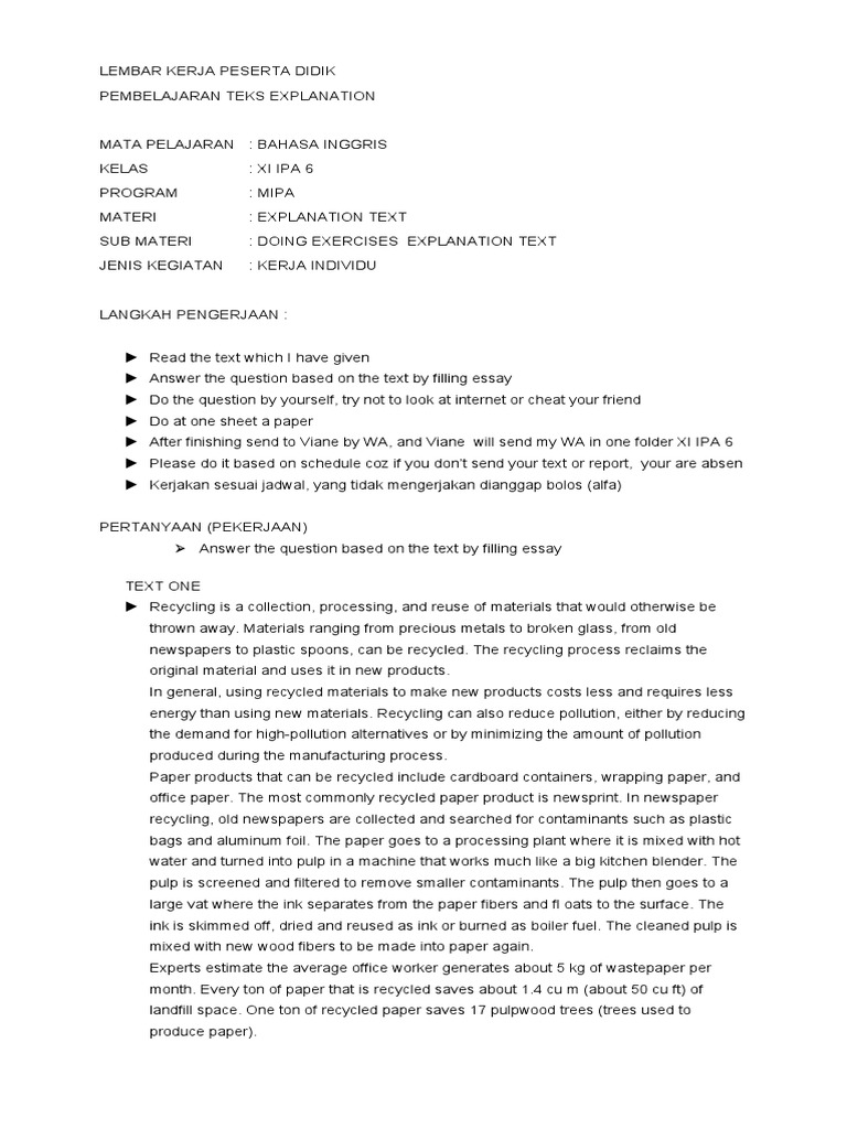 Explanatory Text Exercises for XI IPA 6 | PDF | Recycling | Paper