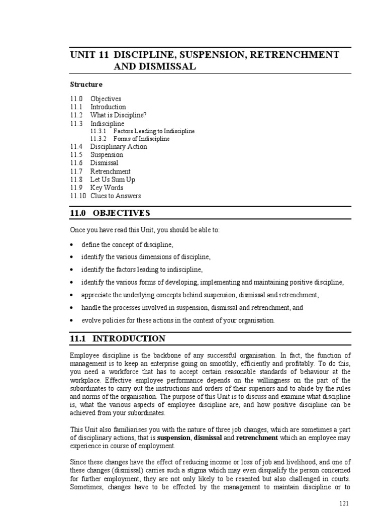 Unit 11 Discipline, Suspension, Retrenchment and Dismissal Structure