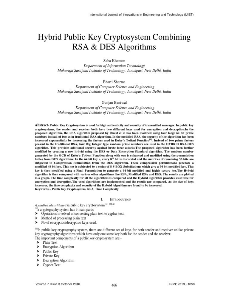 Hybrid Public Key Cryptosystem Combining RSA & DES Algorithms ...