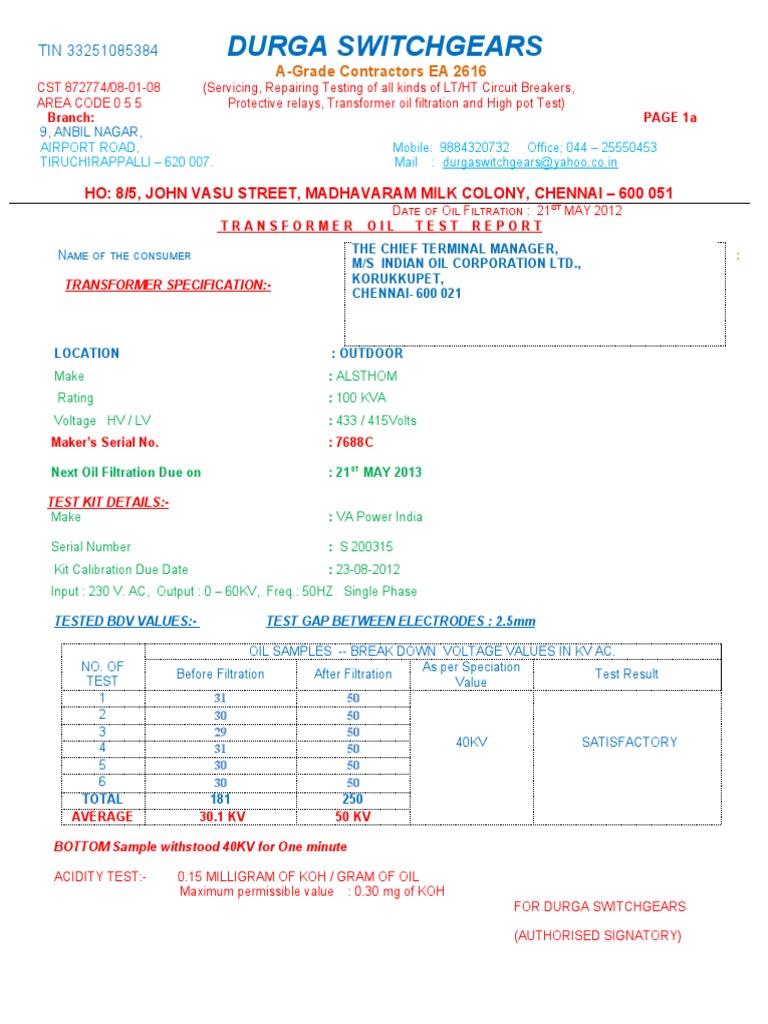 IOC Tr. Oil Test Report PDF Transformer Power (Physics)