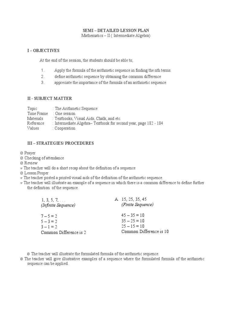 Semi detailed lesson plan finite sequence infinite sequence