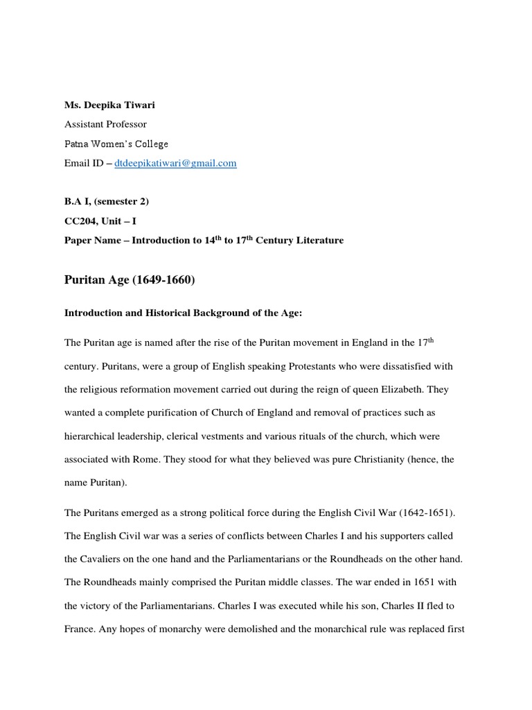 Puritan Age, EContent PDF John Milton Puritans