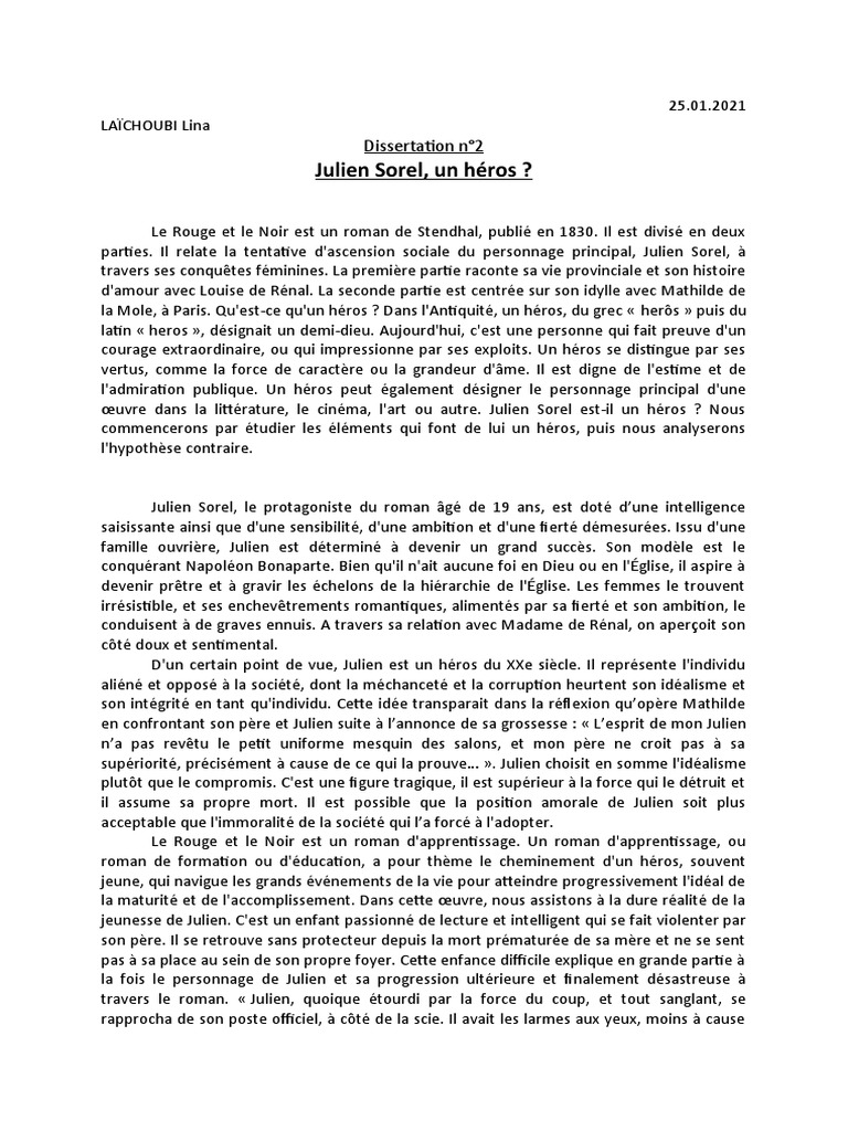 Exemple Dissertation Le Rouge Et Le Noir Julien Sorel, Un Héros ? | PDF | Le Rouge et le Noir