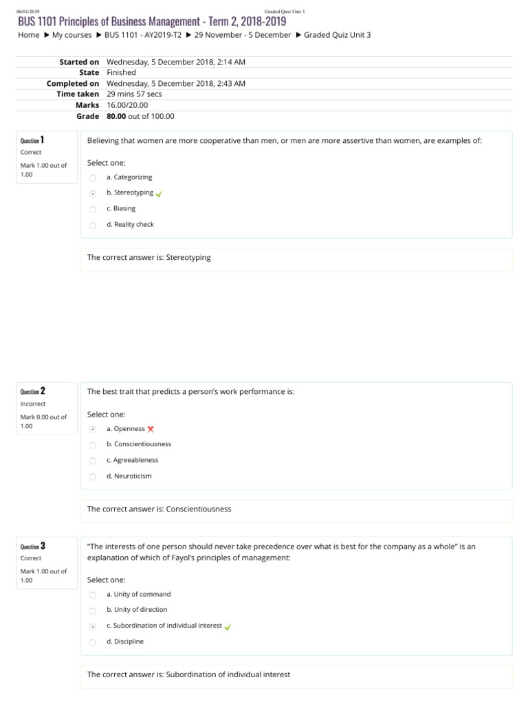 BUS 1101 Graded Quiz Unit 3 Results | PDF | Leadership | Leadership