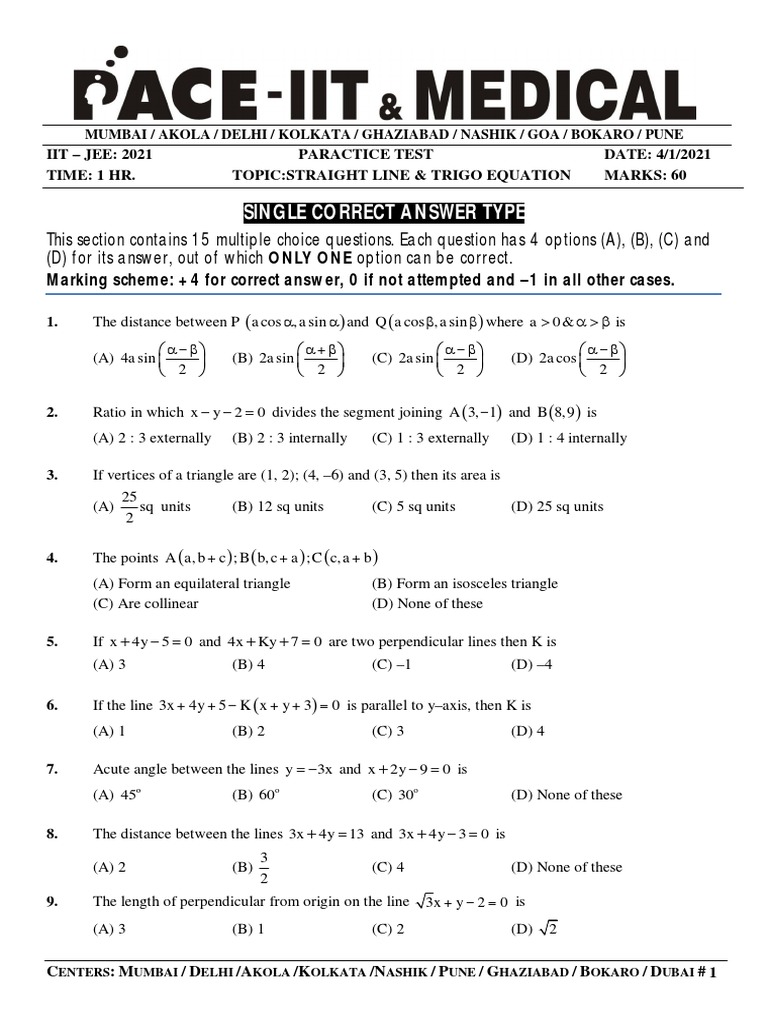 IIT JEE 2021 Practice Test: Lines & Trigonometry | PDF | Triangle ...