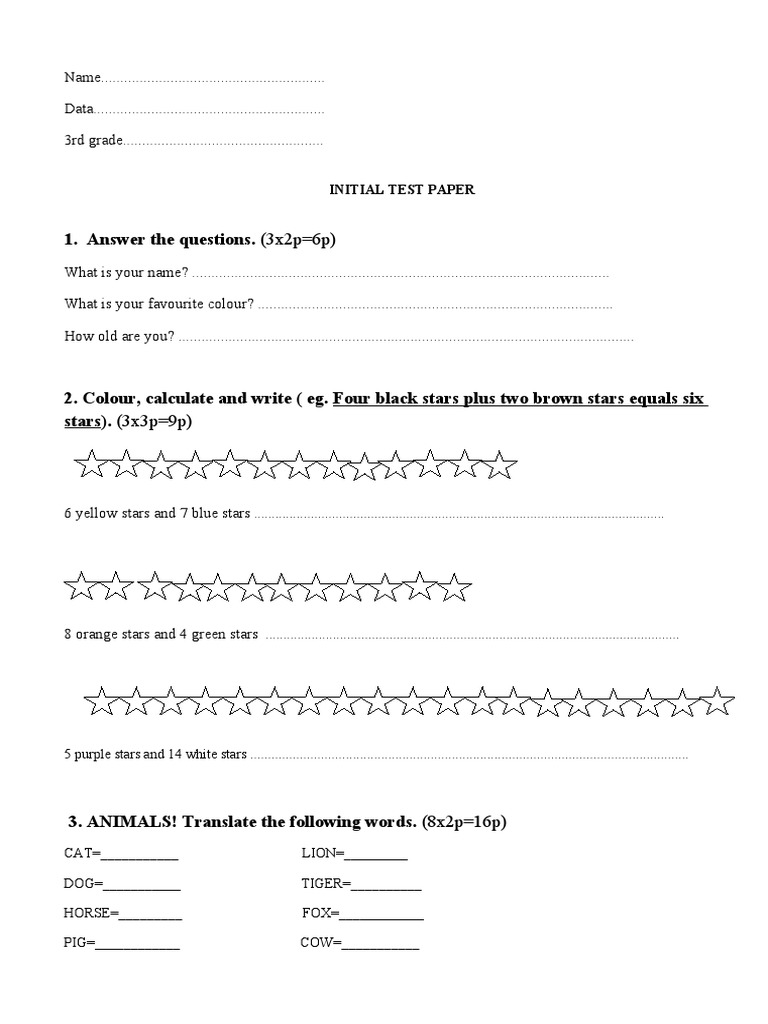 3rd Grade Initial Test Paper Template | PDF