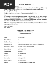 C. V/Job Application : Subject: Application For The Post of An Assistant Teacher (Sir