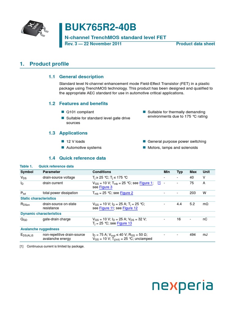 Transistor BUK765R2-40B Datasheet | PDF | Field Effect Transistor ...