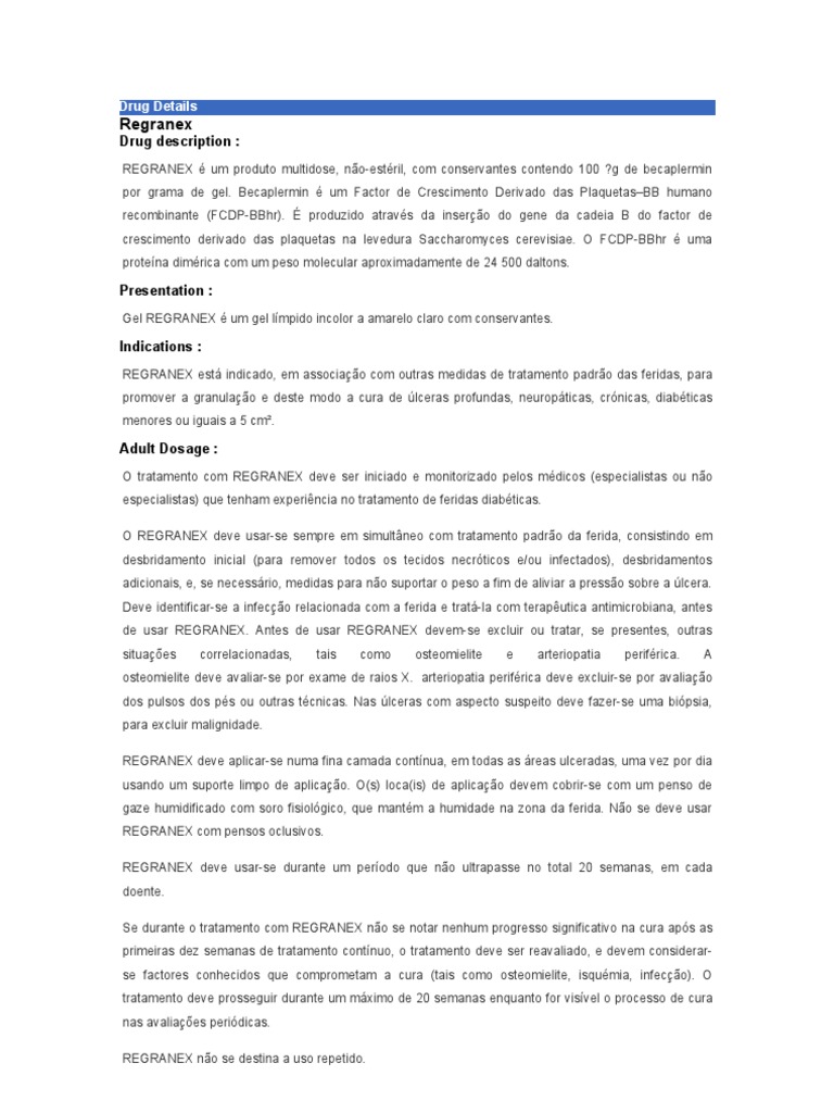 Detalhes do Gel Regranex para Feridas | PDF | Infecção | RTT