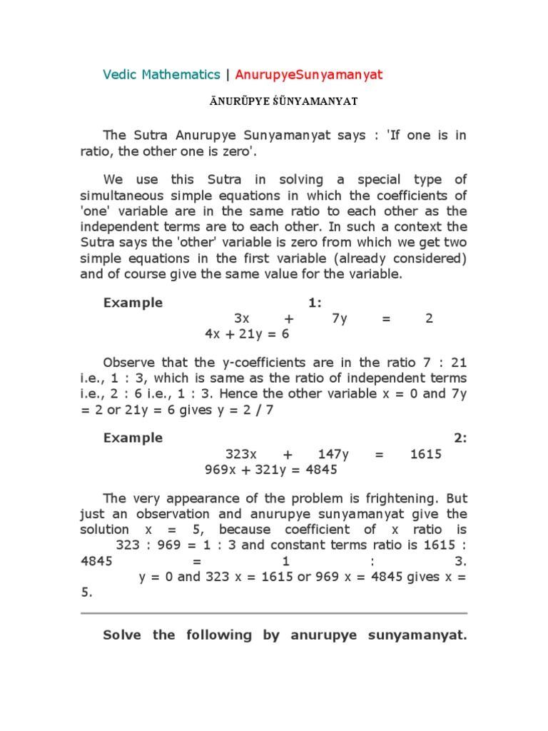 Vedic Maths: Anurupye Sutra Explained | PDF | Multiplication | Equations