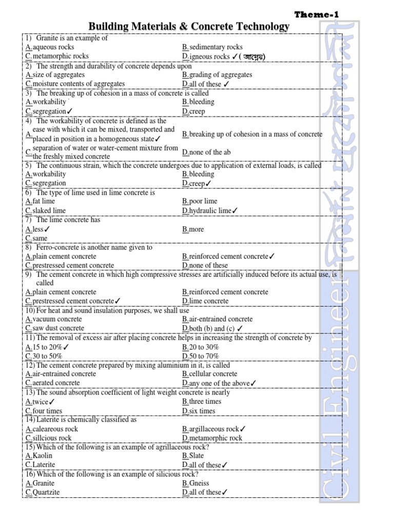 All Subject MCQ PDF Lime (Material) Concrete