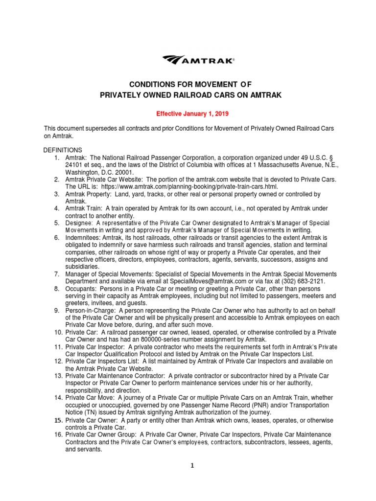 Amtrak Conditions For Movement of Private Railroad Cars 181101 | PDF