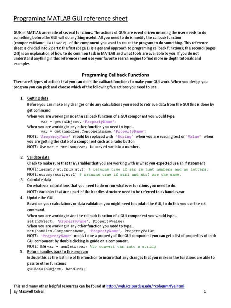 Programing MATLAB GUI Reference Sheet PDF Boolean Data Type Matlab