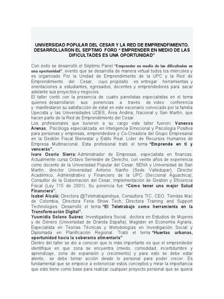 Universidad Popular Del Cesar y La Red de Emprendfimiento | PDF ...