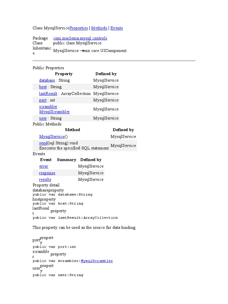 MysqlService Class Overview and Methods | PDF