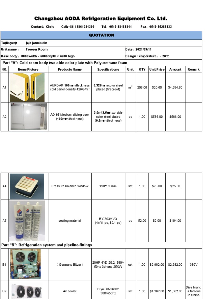 Quotation for a Freezer Room Cold Storage System from Changzhou AODA