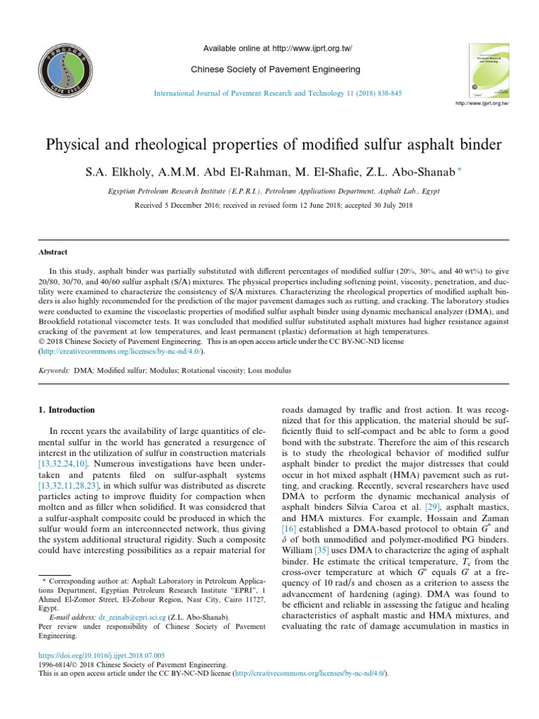 Physical and Rheological Properties of Modified Sulfur Asphalt Binder ...