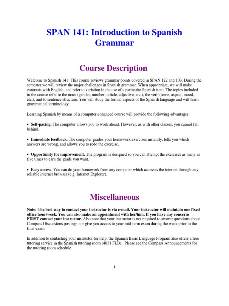 SPAN 141 Course Overview and Guidelines | PDF | Homework | Linguistics