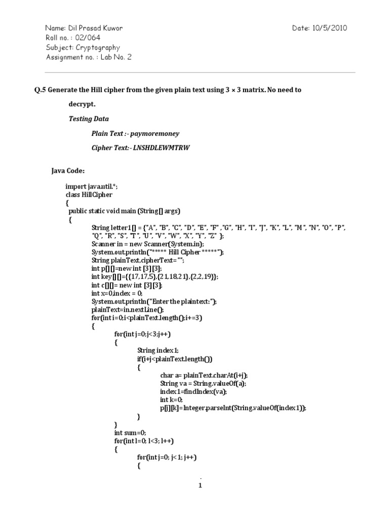 Hill Cipher Java Implementation | PDF | Cipher | Espionage Techniques