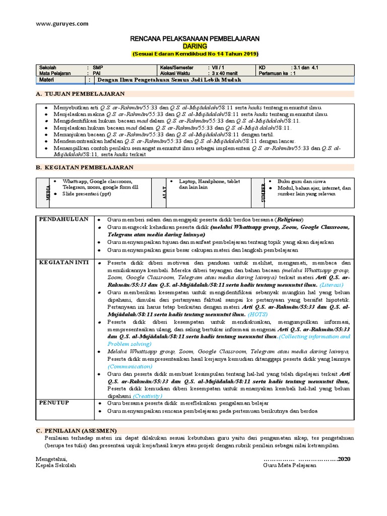 RPP PAI Kelas 7 Semester 1 Daring | PDF | Karier & Perkembangan ...