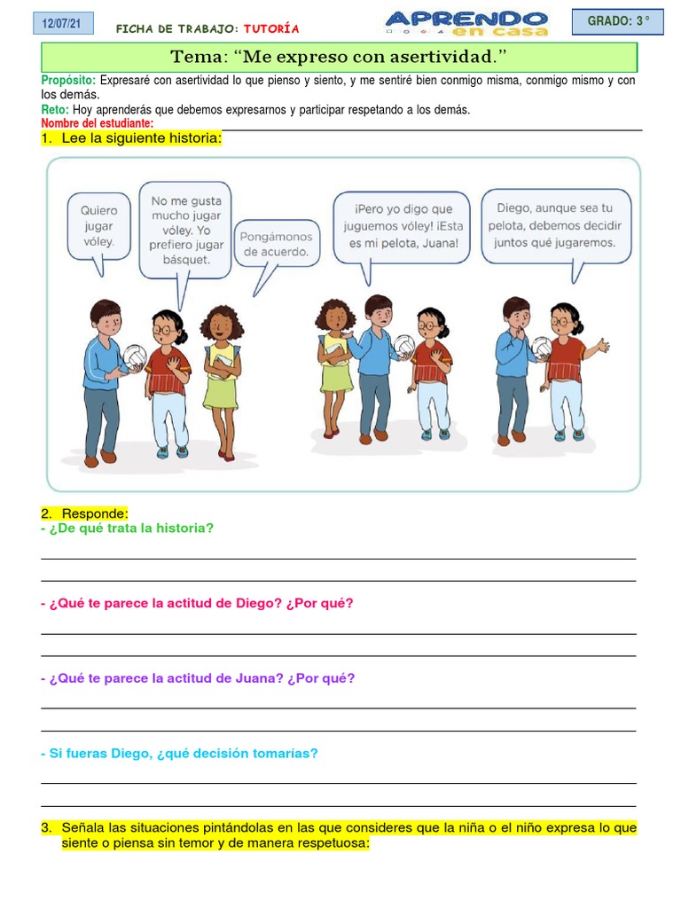 Ficha de Trabajo: Asertividad en 3° Primaria | PDF