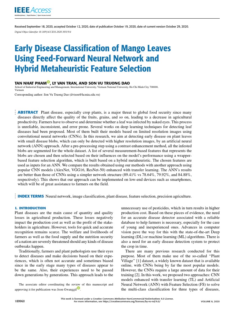 Early Disease Classification of Mango Leaves Using FeedForward Neural